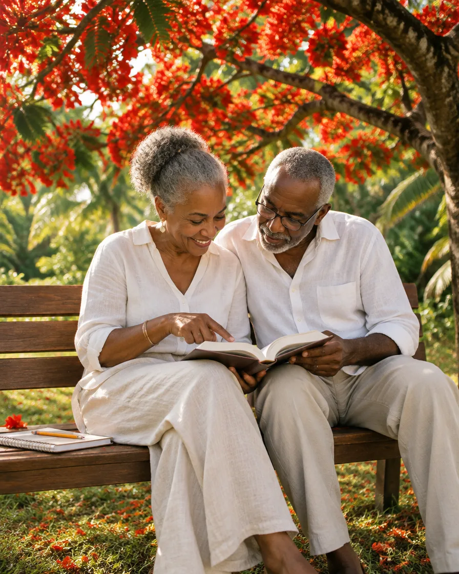 Un couple de seniors lit un livre ensemble, assis sous un flamboyant en fleurs